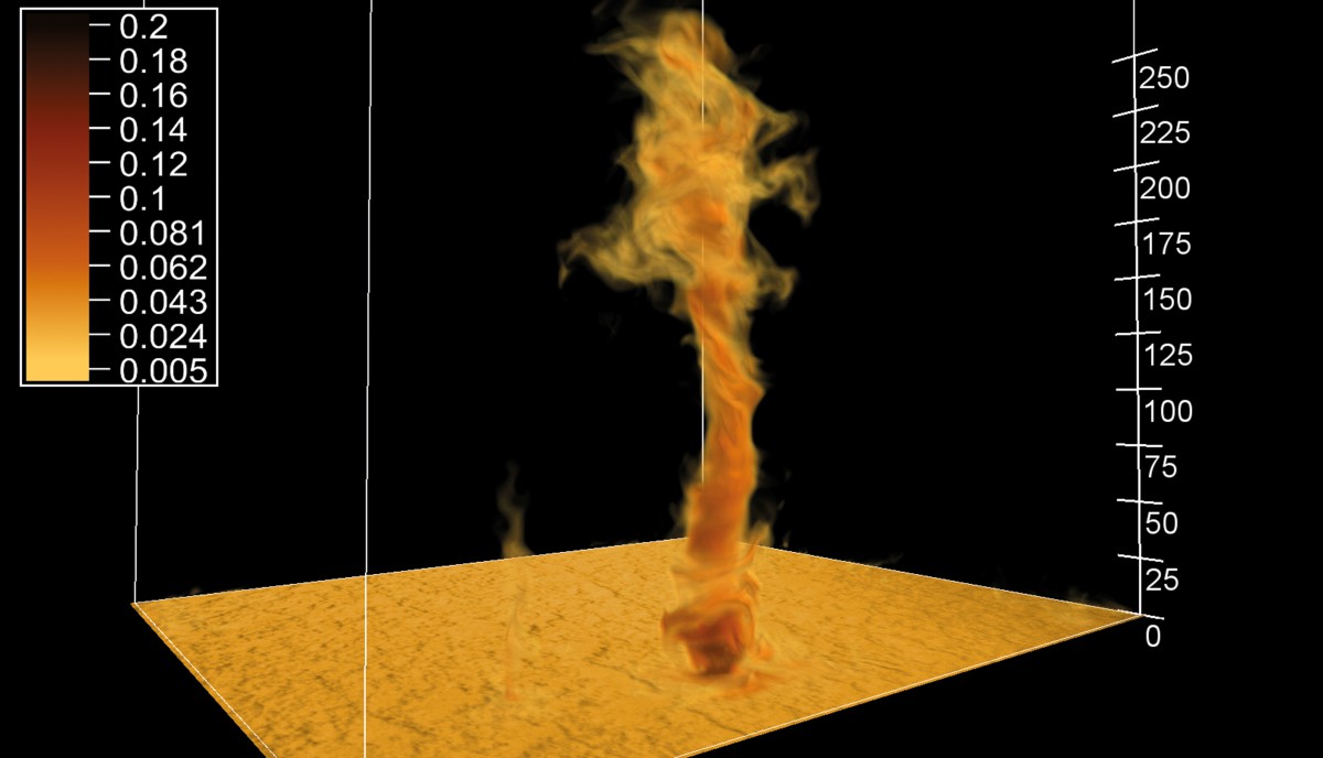 Dust devil simulated with PALM. The displayed area of 200x200 m2 represents only a small part of the total simulated domain