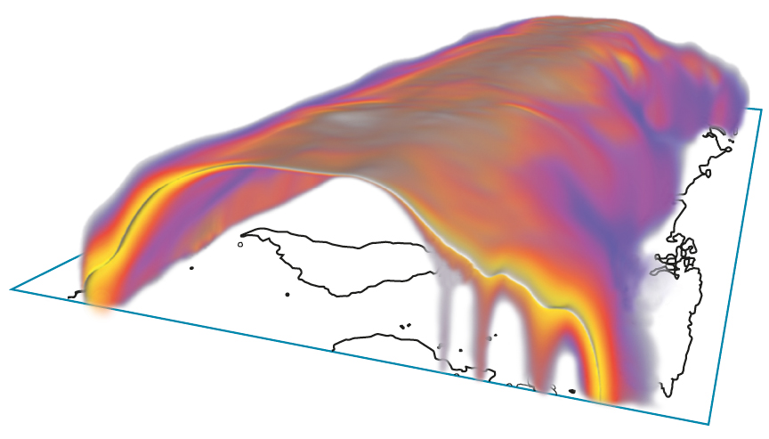 Color-coded spatial probabilities of the 0°C isotherm in the earth’s atmosphere at some specific date.