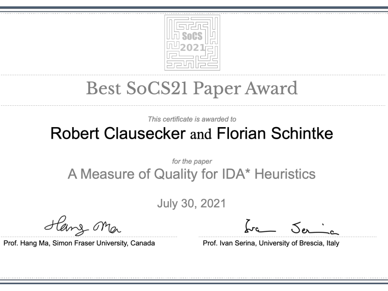 Robert Clausecker and Florian Schintke receive the SoCS 2021 Best Paper Award