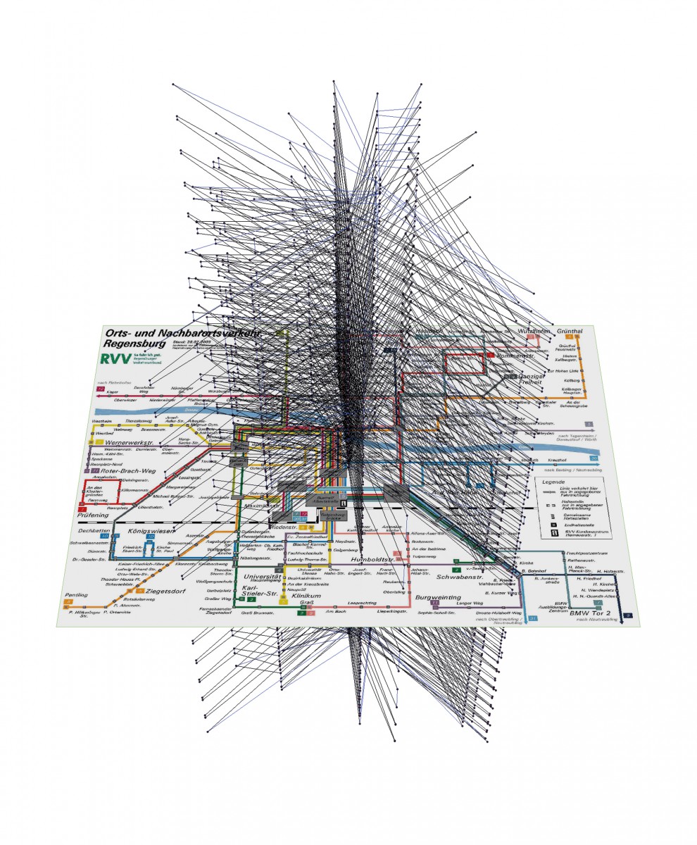 The typical star-shaped structure of an urban vehicle scheduling graph (only timetabled trips, time goes upwards).