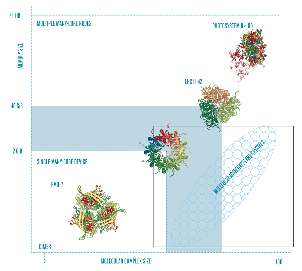 Molecular complex size vs. memory requirements for the HEOM method. Solutions for larger photosynthetic complexes found in the light harvesting system 2 [9] and photosystem II [10] can only be acquired by scaling up to many compute nodes.