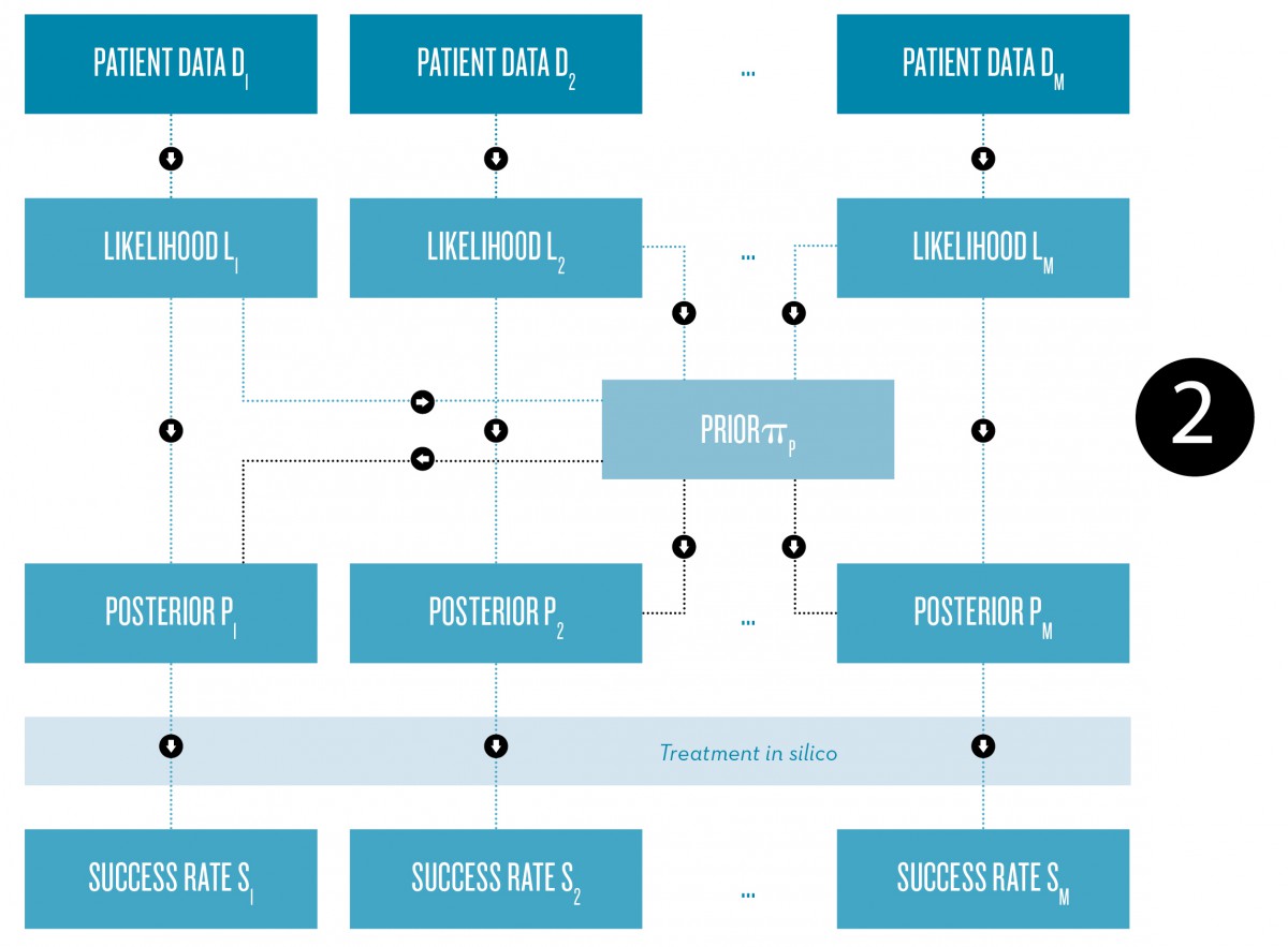 Schematic representation of the Bayesian approach to the construction of patient-specific physiological models for the prediction of individual treatment success rates, for example. 