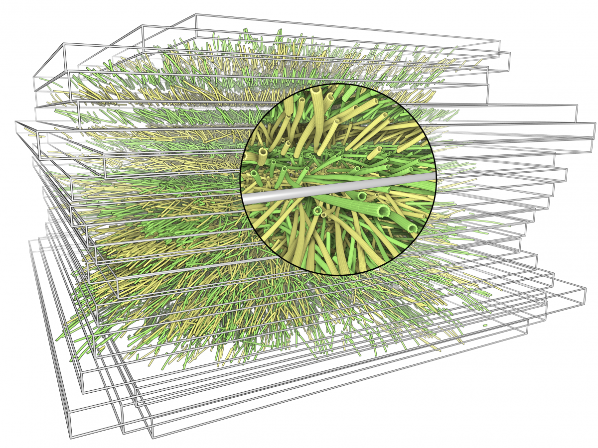 Traced microtubules for a stack of serial section electron tomograms. The fictive atomic structure has been added for illustration.