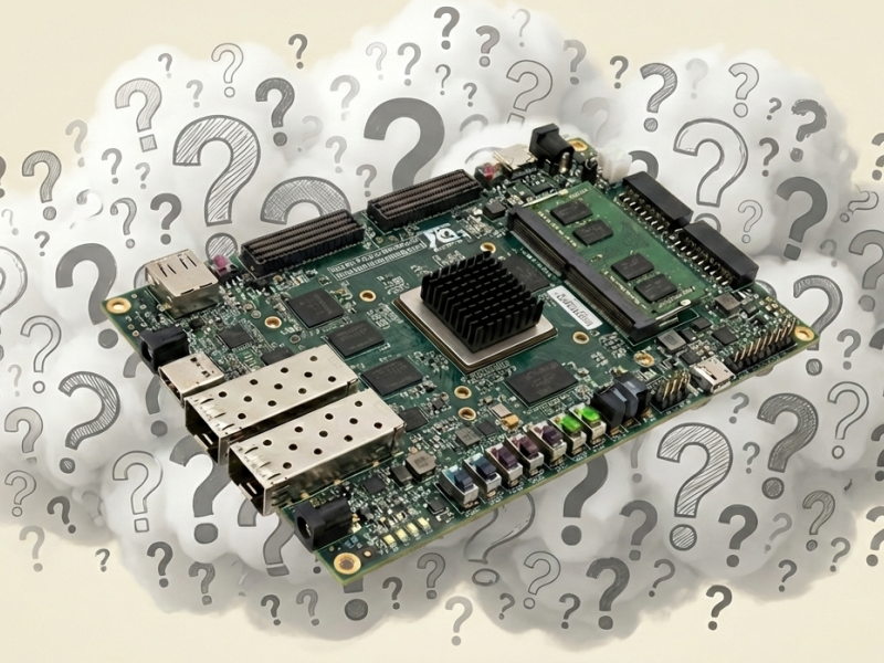 Bild eines FPGA-Boards vor einer Wolke aus Fragezeichen