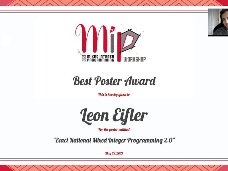 Leon Eifler receives best poster award for his presentation &quot;Exact Rational Mixed Integer Programming 2.0&quot;